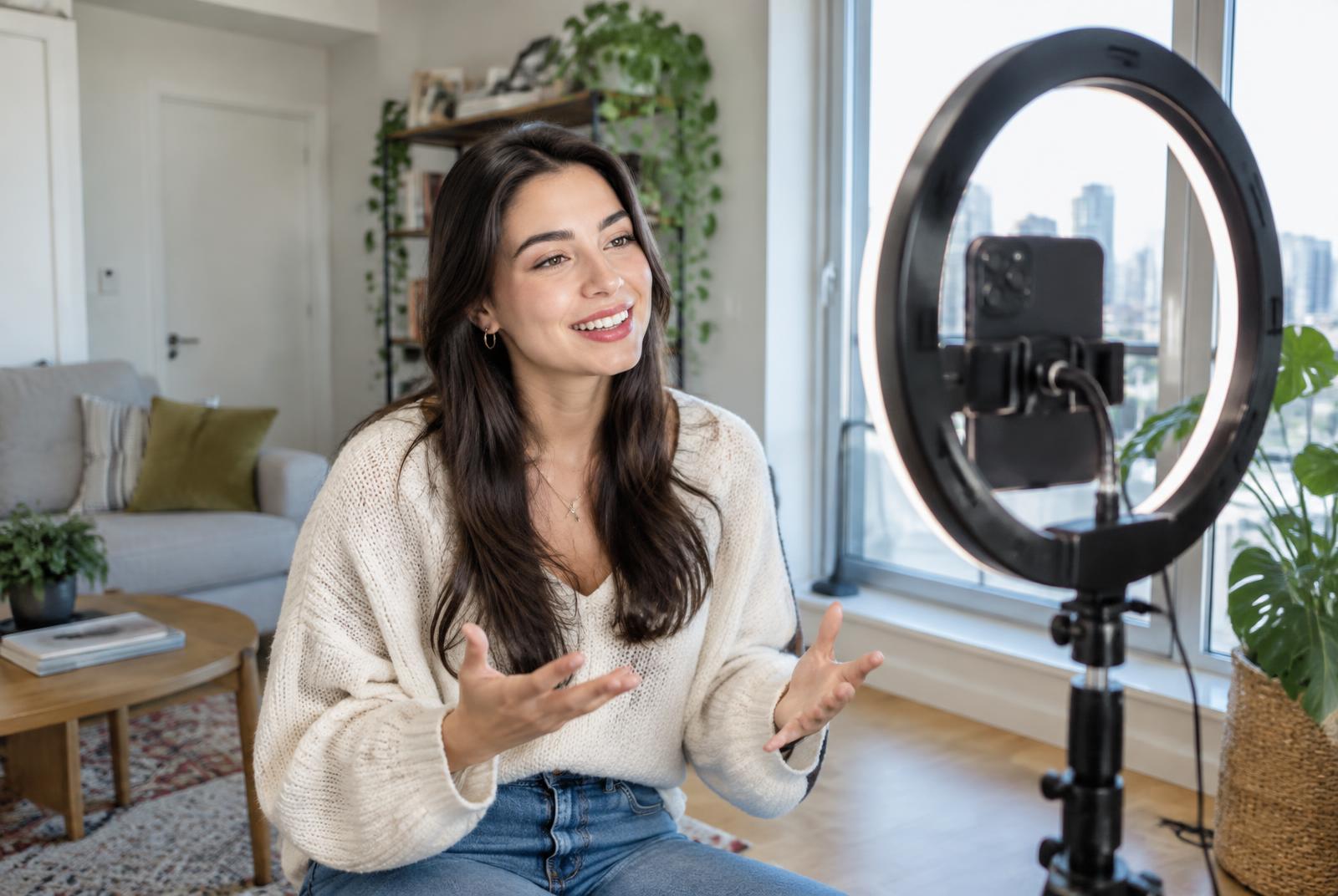 Bia Carvalho durante a gravação de um vídeo para as redes sociais.